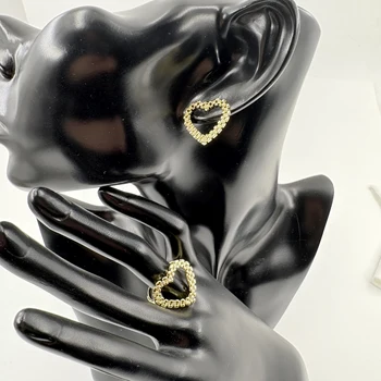 14K Gold Plated Chain Shape Earrings And Nugget Heart Ring Set Hip Hop Design for Women Dancer Singer Jewelry Gift 1