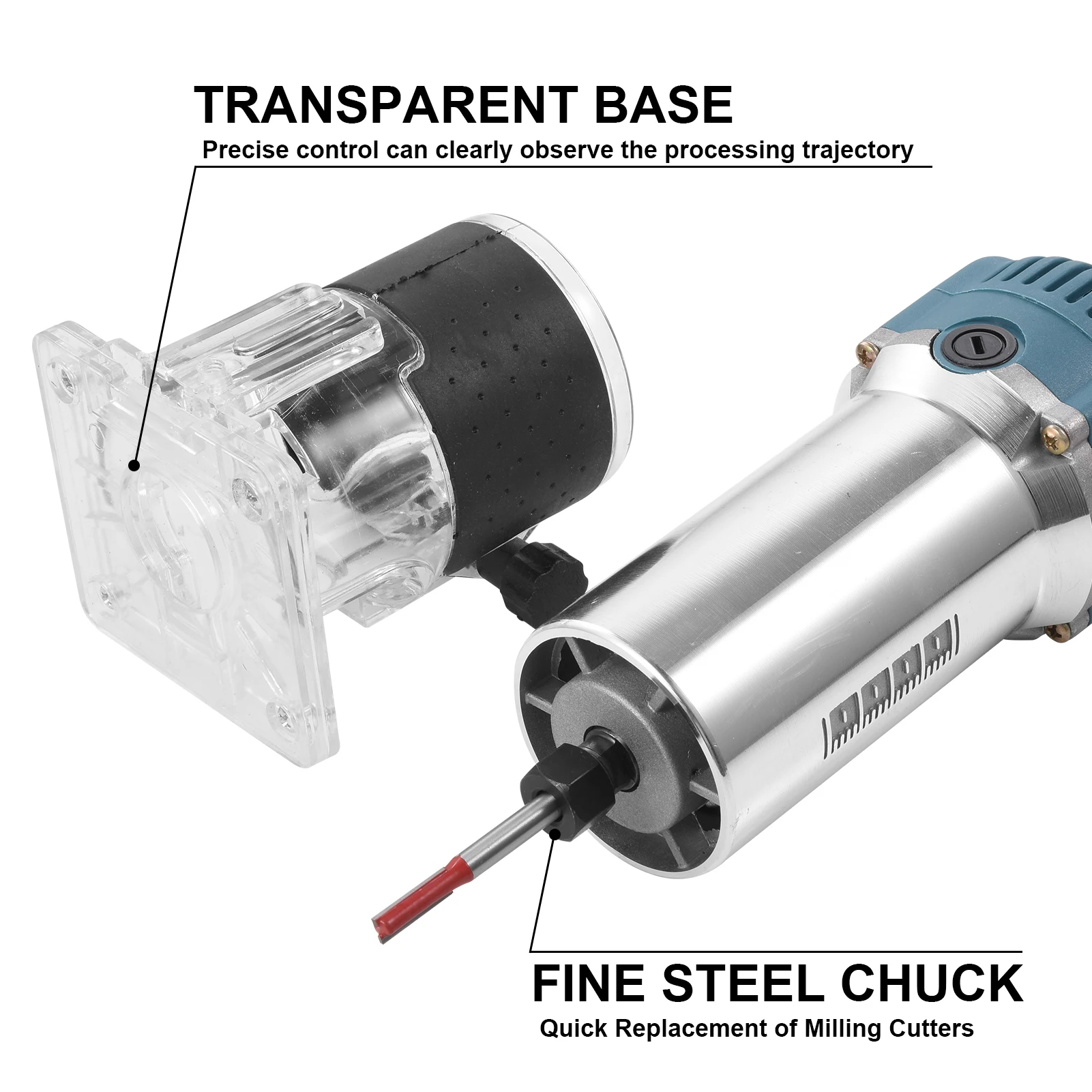 220V Elektrischer Laminatfräser 40000 U/min Variable Geschwindigkeit Handgeführte Fräsmaschine mit Aluminiumgehäuse 15-teiliger Fräser – Detail 1