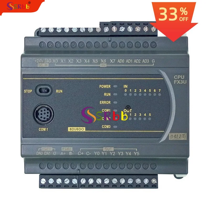 

Original PLC Industrial Control Board FX3U 14/20/24/32/40/60 MR/MT 4AD of 0-20mA 2DA of 0-10V analog RS485 MODBUS Relay transist