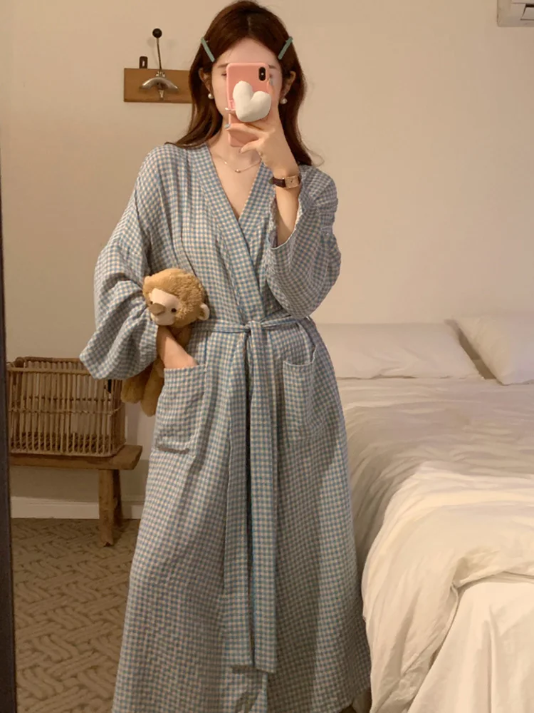Home Soft Summer Stripe Long Sleeve Plaid Sleepwear Women Elegant Casual Long nightgown Korean Style Simple Sweet Sleep Tops Ins,women sleepwear
