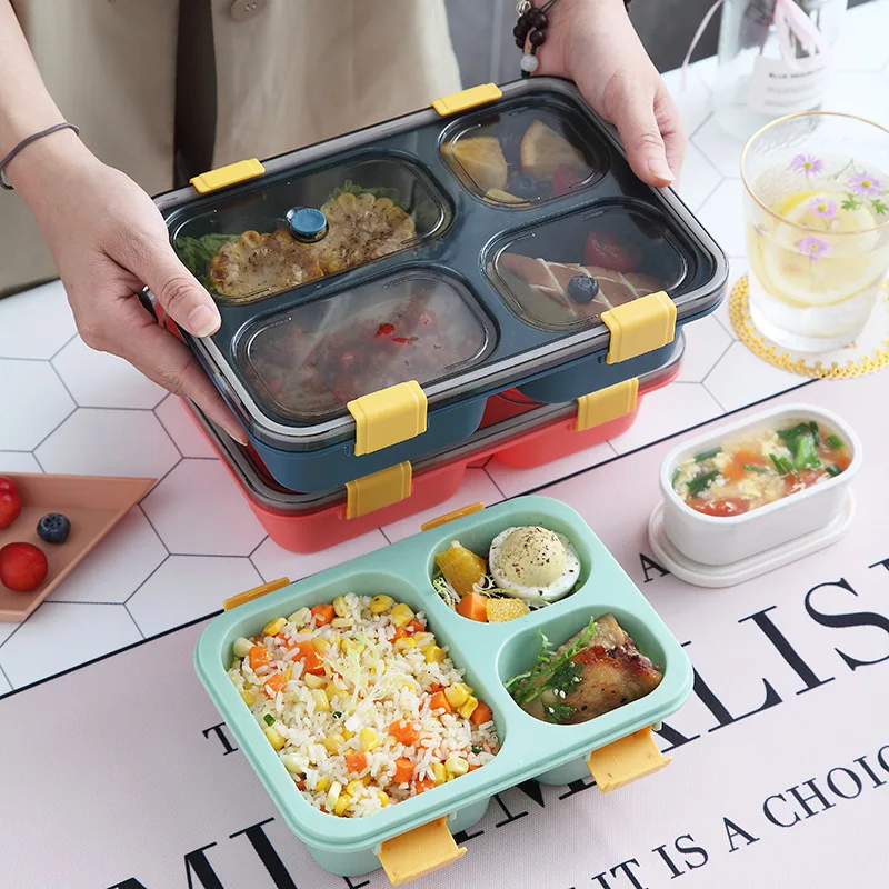 1set 800ml Three Grids Plastic Lunch Box With Bag And Utensils