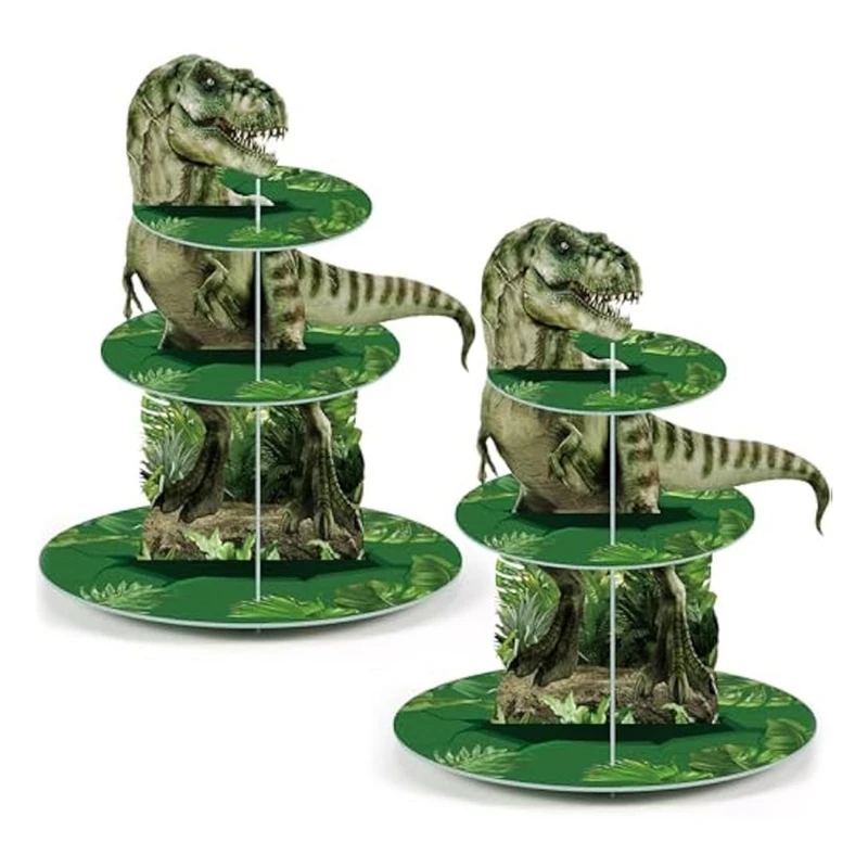 

2 Piece 3 Tier Cupcake Stand Party Decorations Dinosaur Theme Cupcake Holder Decorations Paper Dinosaur Dessert Tower For Kids