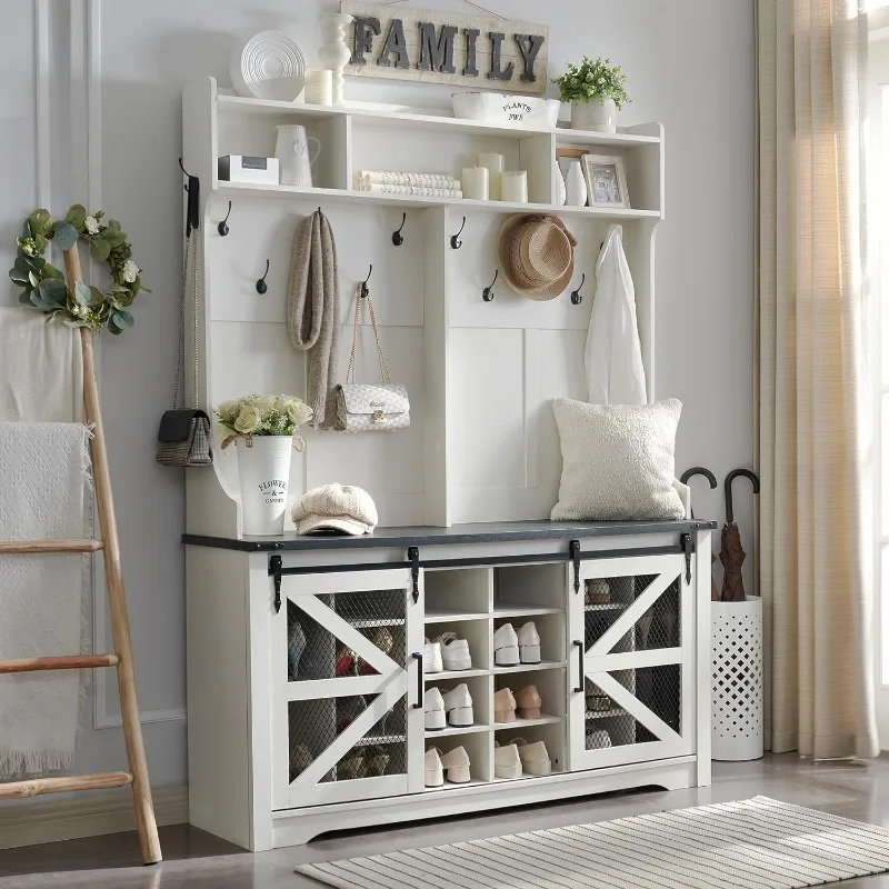 

Farmhouse Entryway Bench with Coat Rack, 20 Shoe Cubbies & 12 Coat Hooks Wide Hall Tree with Shoe Storage Bench