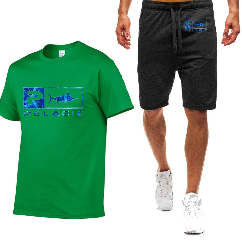 2023 new men's summer ocean fishing Logo printing 2-piece casual T-shirt short solid color short sleeve fashion high quality swe