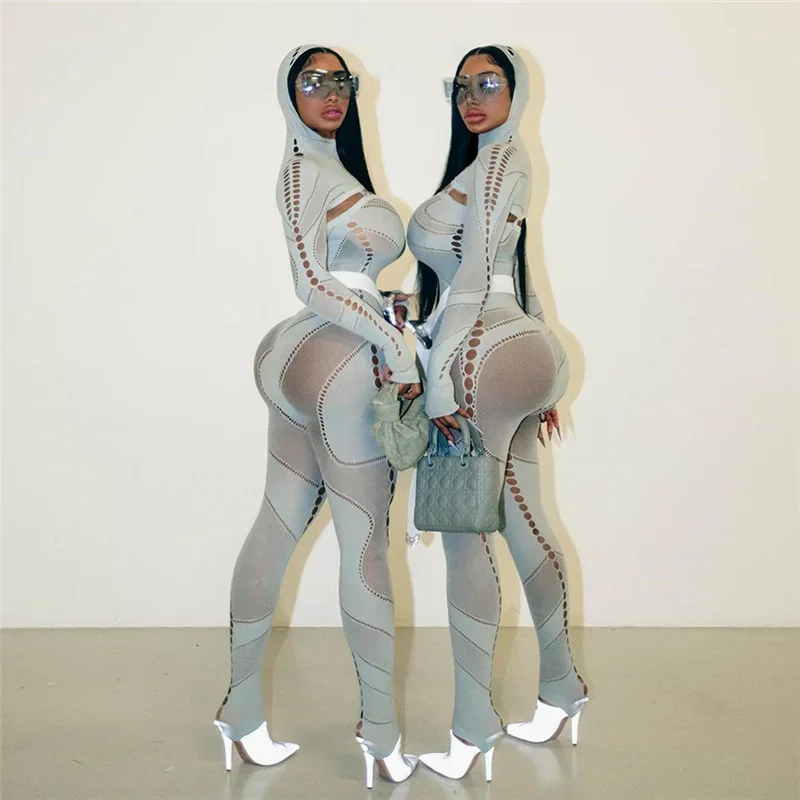 Cut Out Hooded One Piece Jumpsuits For Women 2023 Elegant Sexy See Through Skinny Knitted Ins Romper Pants Overalls
