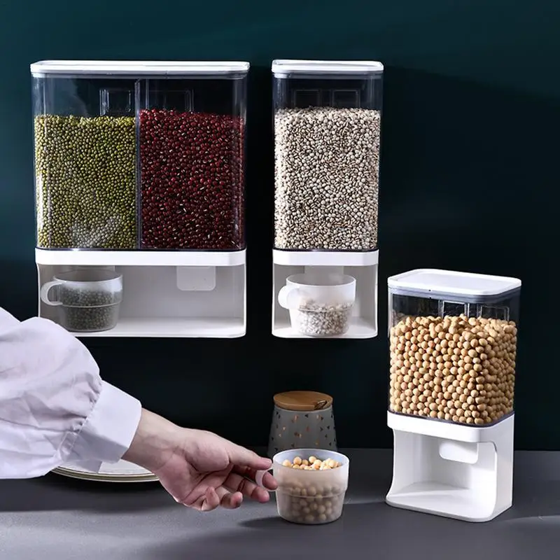 

Dry Food Dispenser Wall Mounted Rice Cereal Storage Boxes 2 Grid Dry Food Beans Container Dispenser Multipurpose Kitchen Buckets