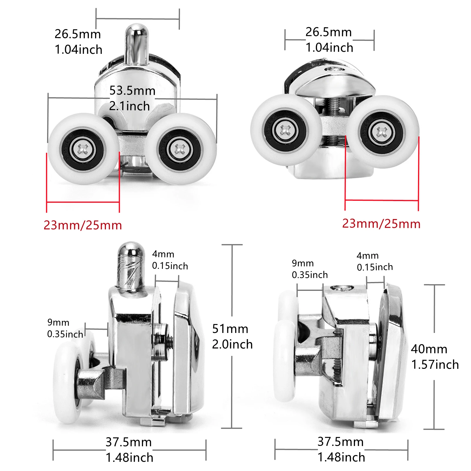 4-8Pcs/Set Shower Door Double Wheels 23mm/25mm(Zinc Alloy+ABS)for Bathroom Bearing Pulleys/Runners Top/Bottom Replacement Parts