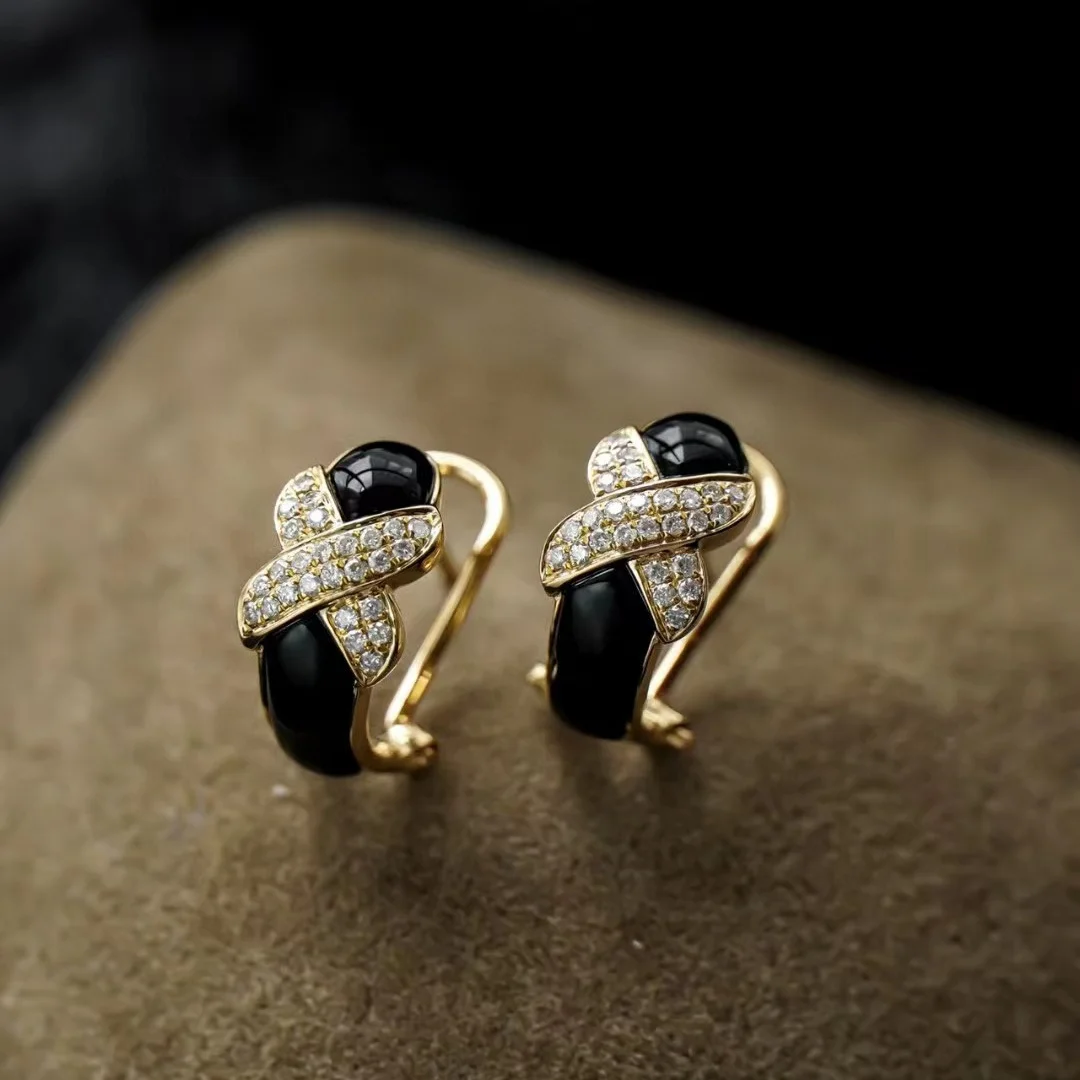 

Ear Studs Diamond Black Onyx Ear clip18K Pure Gold Earring Real AU750 Solid Gold Beautiful Upscale Trendy Classic Party Women