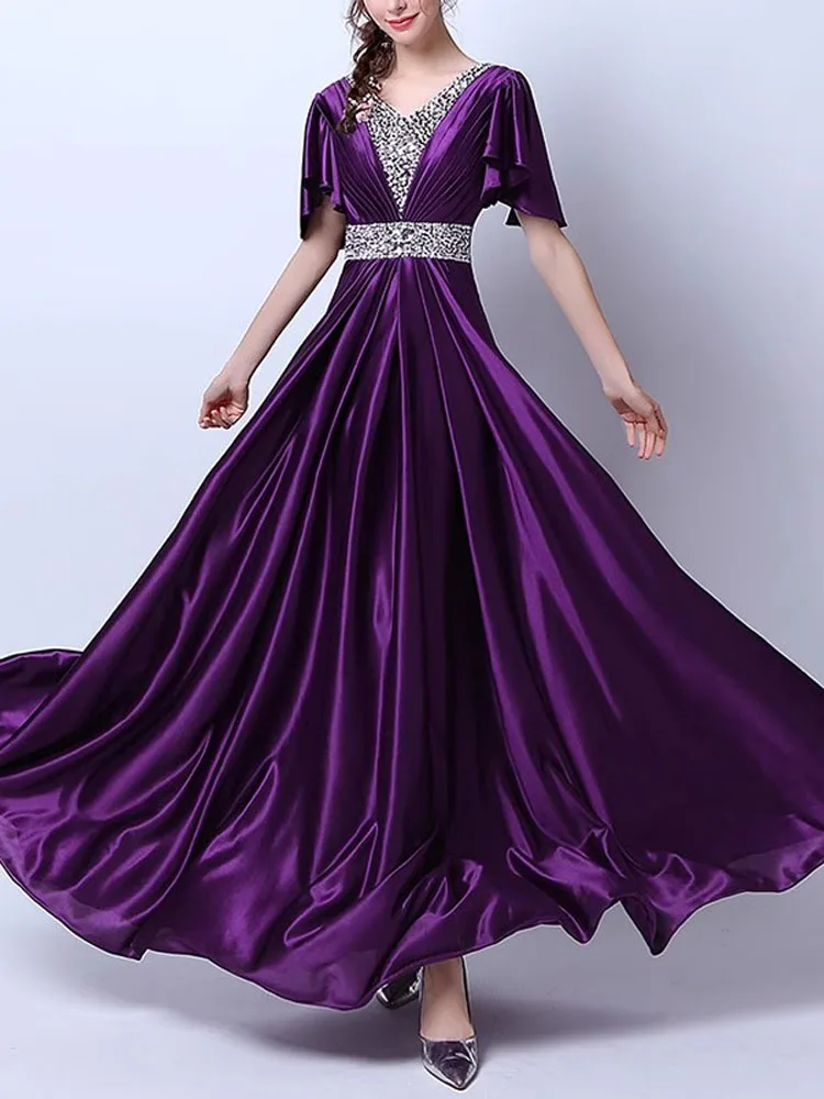 

Платье атласное для матери невесты, Элегантное Длинное платье фиолетового цвета с V-образным вырезом, со шнуровкой, длина в пол, черный, королевский синий цвет, Burgu