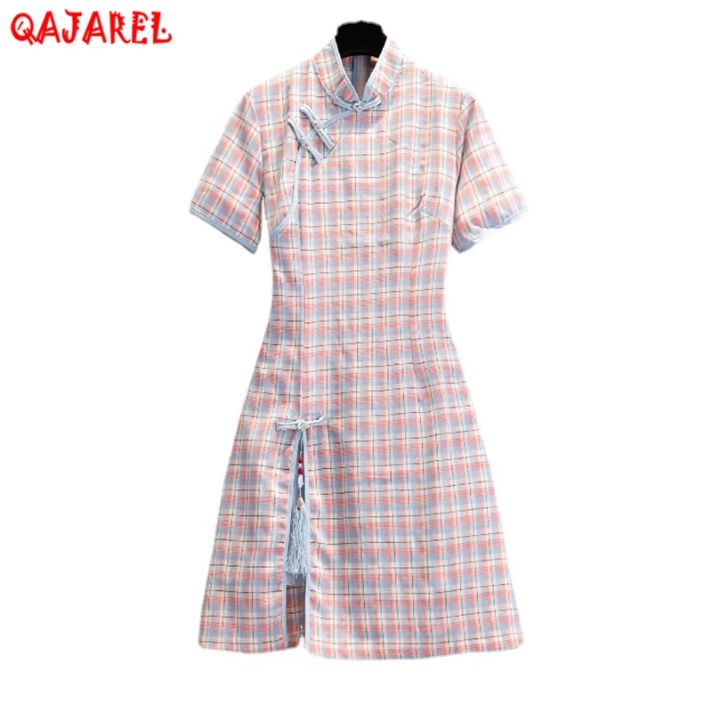

2024 Pink Plaid Short Sleeve Mini Cheongsam Dress Women Korean Vintage Casual Dress Summer New Elegant Bodycon Office Lady Dress