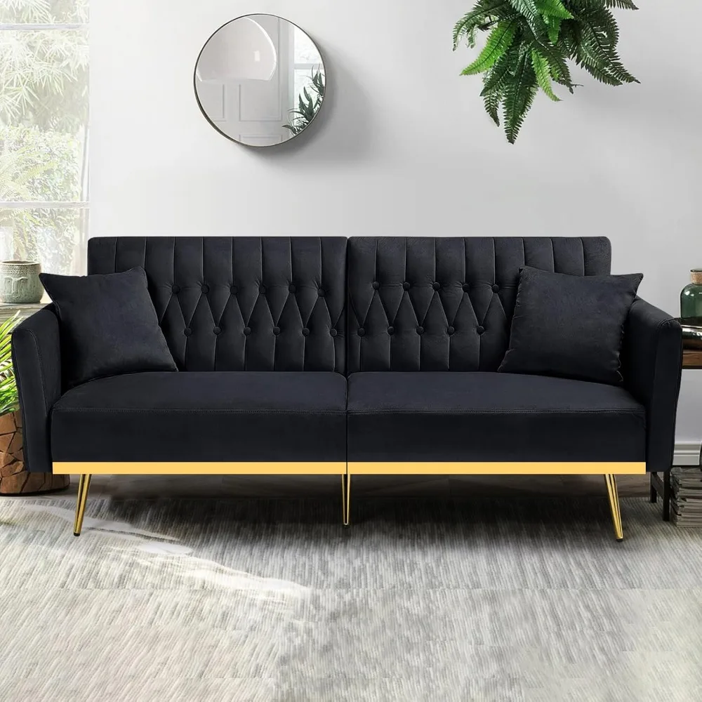 70” Velvet Futon Sofa Bed with Pillows – Convertible Loveseat Sleeper with Adjustable Backrests & Armrests 2
