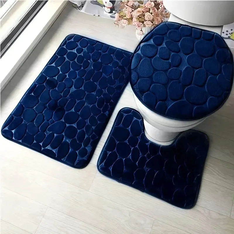 1 Set Bathroom Mat Solid Color Simple Water-absorbing Non-slip Stone Pattern Three-piece Set