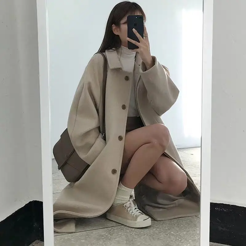 2023 New Women Winter Thicken Korean Mid-Length Woolen Coat Female Fashion Casual All-Match Parkas Loose Solid Color Outwear
