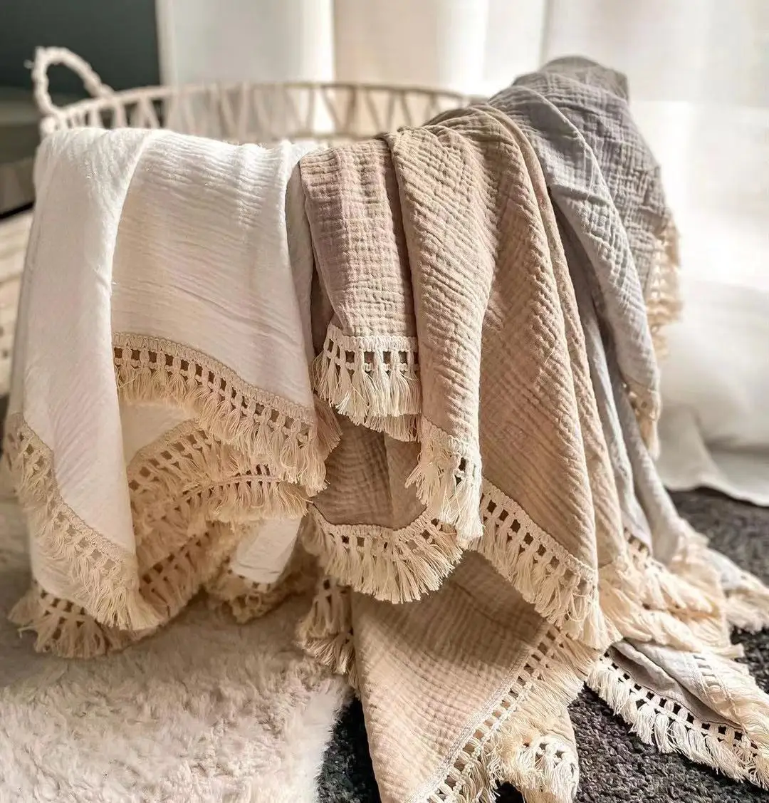 Cotton Muslin Swaddle Blanket Baby Tassel Receiving New Born Wrap Infant Sleeping Quilt Bed Cover |