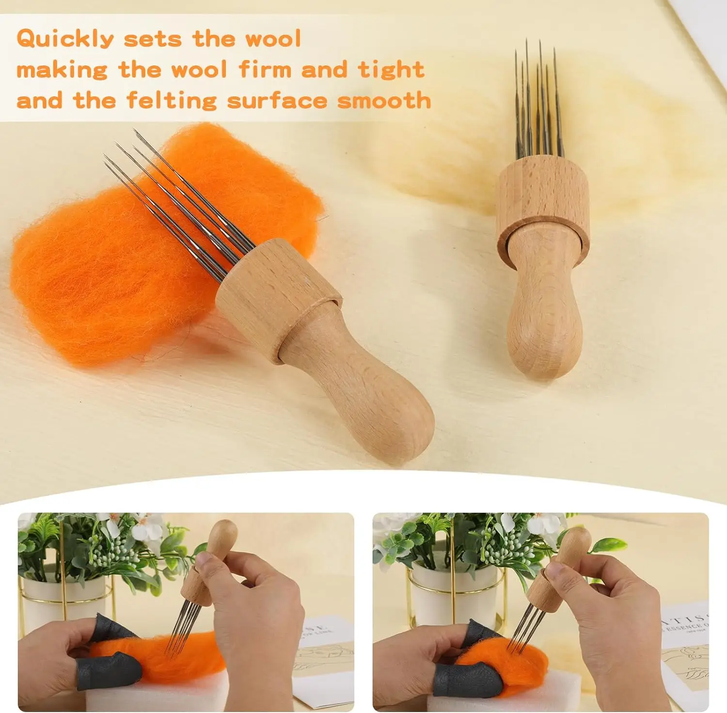 Felting Needle with Eight Tool Craft Wool Felt Stitch Punch with Solid Wood Handle Felting Eight Needles Tools Finger Cots