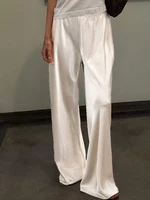 Chic Satin Wide Leg Dress Pants Women's Stylish Elastic Waist Loose Fit Long Trousers for Streetwear Work Solid Color