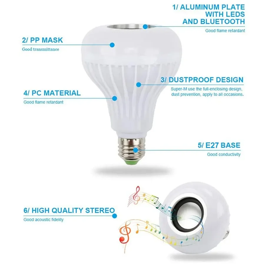 AC 85-265V E27 LED12W Light Bulb RGB Multi-colour Change Bluetooth Speaker Music Playback Function Bedroom Party Decoration
