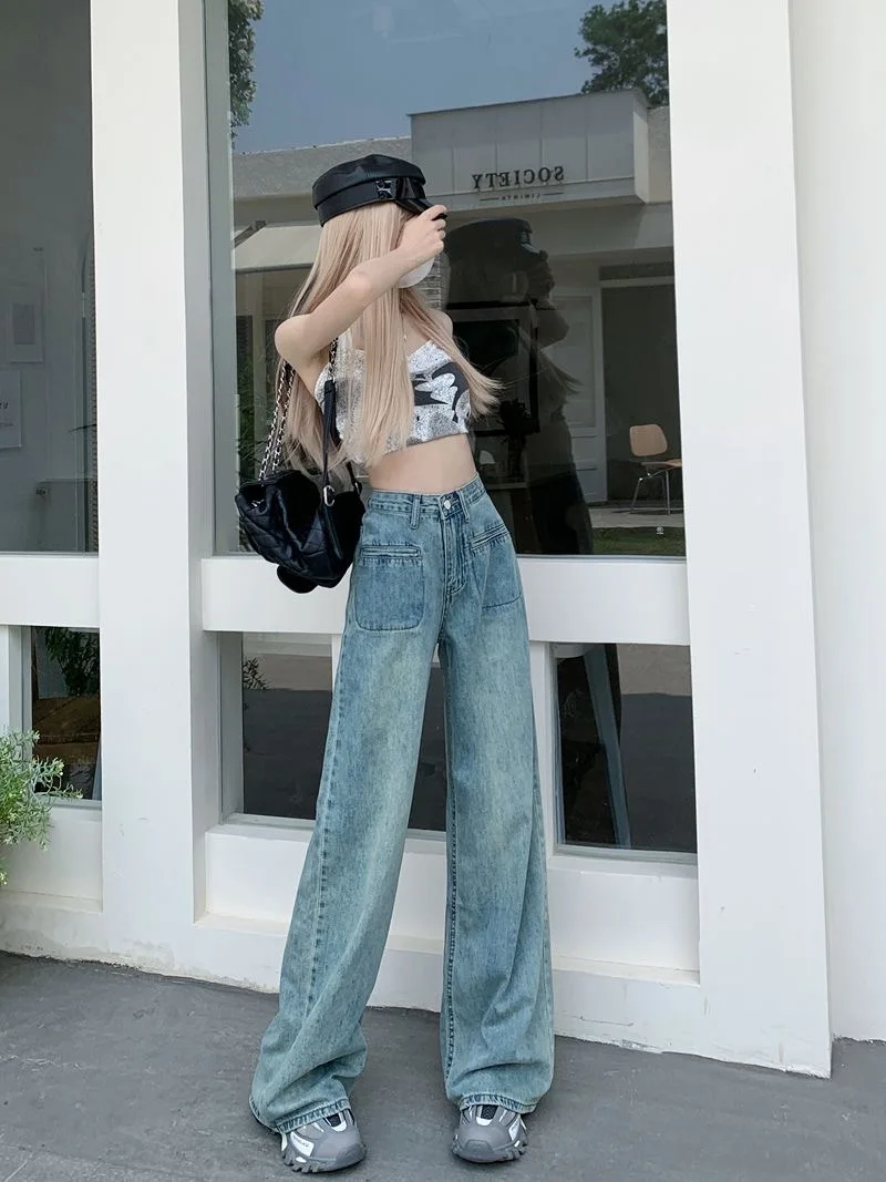 2024 Y2K High Waist Wide Leg Pants Women's Retro Stretch Sexy Denim Sports Pants Street Fashion Harajuku Jeans Pants