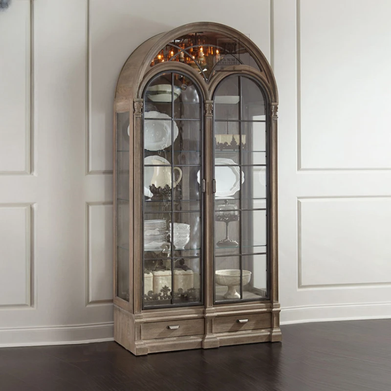 

Customized American arched semi circular solid wood wine cabinet, French retro vintage living room display cabinet, antique