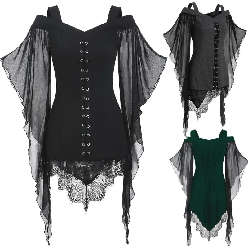

2024 NEW Gothic Large Swing Sleeves Irregular Spliced Top Chiffon Shirt for Hallowmas Holiday Party Medieval Costume