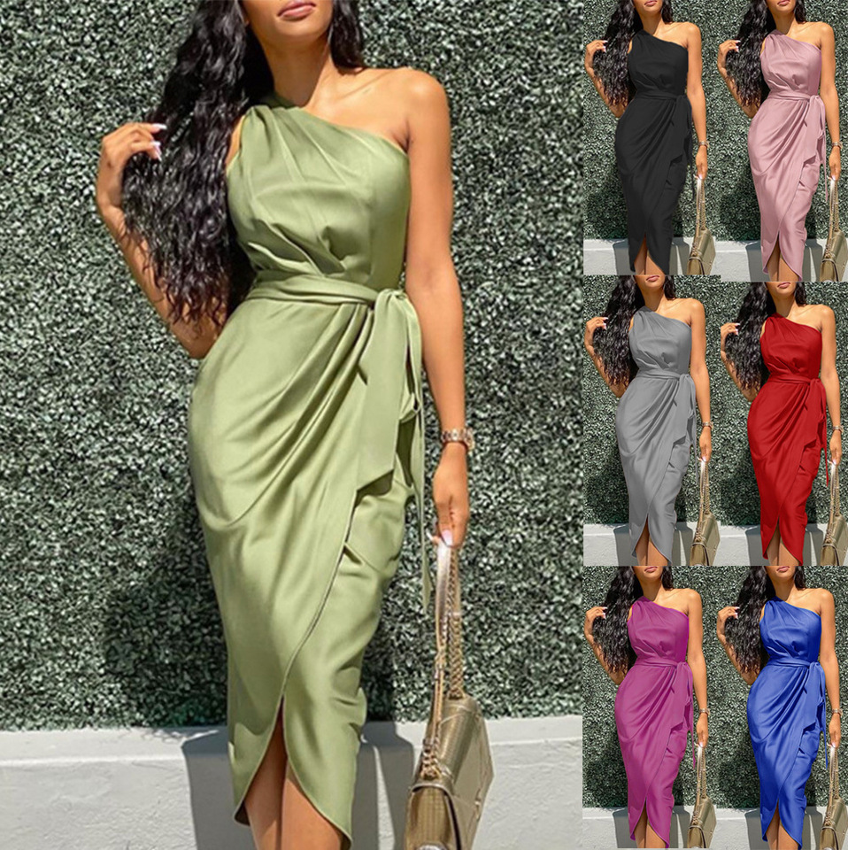 Jocoo Jolee Elegant Stain One Shoulder Green Dress Retro Ruched Bodycon Dress Lace Up Waist Slim Midi Dress Bandage Party Dress