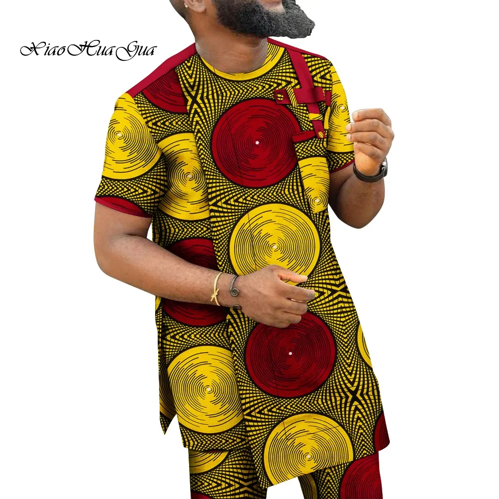 Men Suits Summer Round Neck African Print Short Sleeves Tops and Pants African Style Men Set Outfits WYN1876