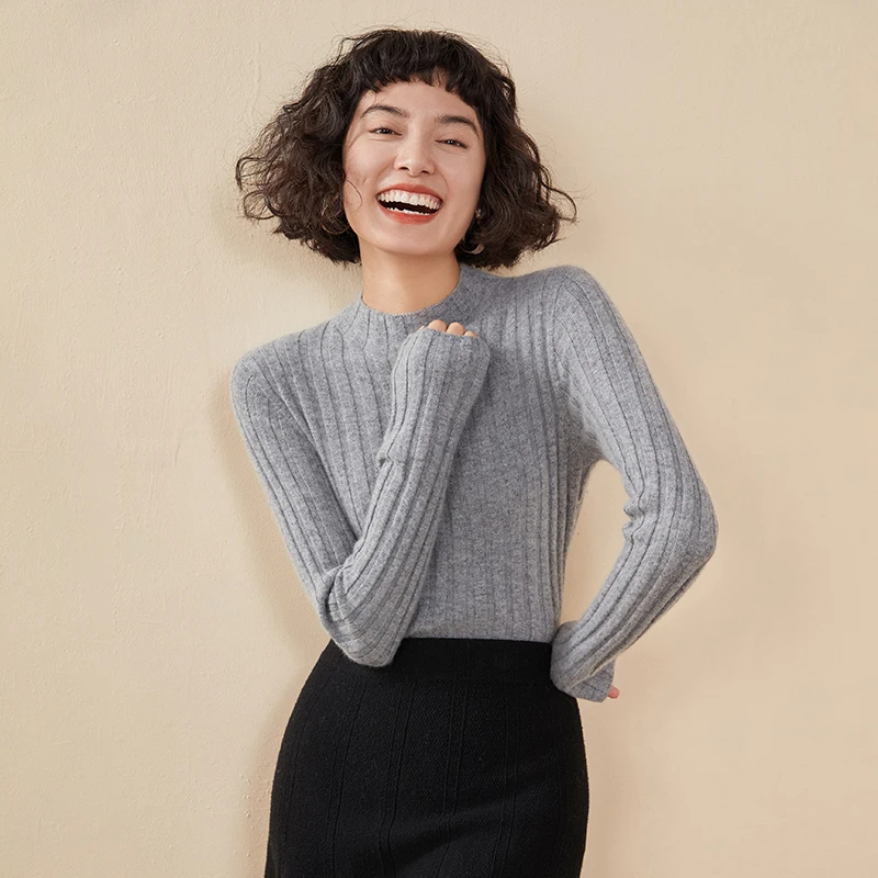 100% cashmere sweater women's semi high neck knitted women's pullover sweater slim fit solid color hot selling women's top 4