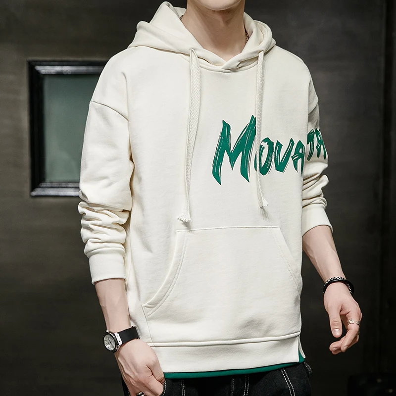 Men's Spring Autumn Hooded Letter Print Patchwork Pocket Long Sleeve T-shirt Sports Hoodies Casual Office Lady Vintage Tops
