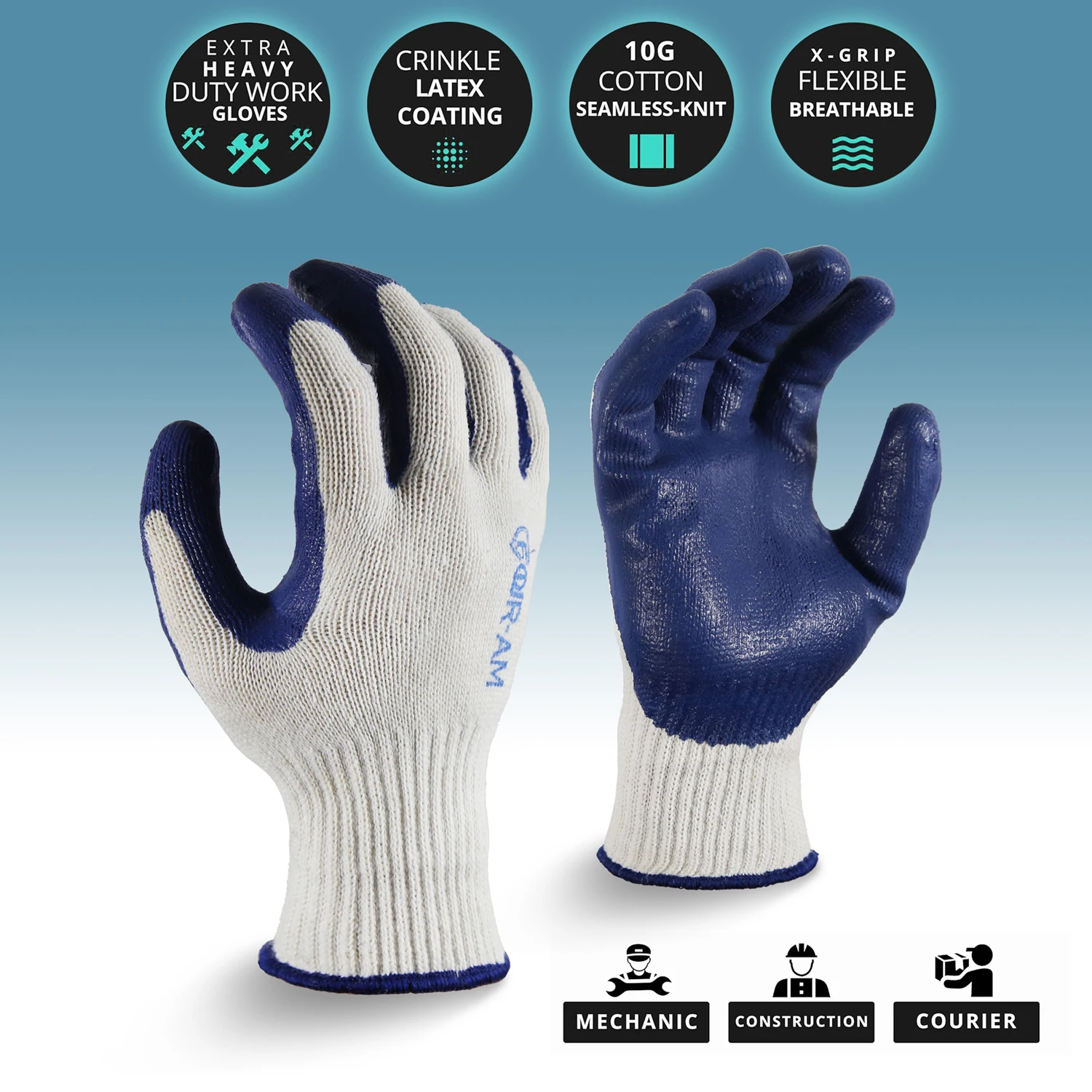 1/6Pairs 10G Blue Latex Cotton Multi-purpose Work Glove.Nitrile Dipped & Rubber palm coated for a firm grip.Heavy Duty Premium