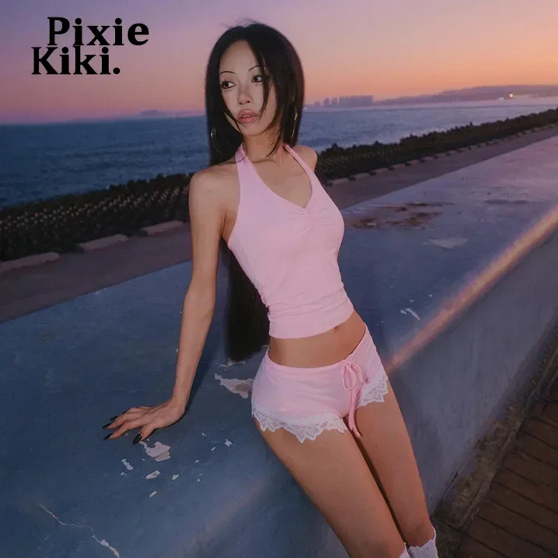 PixieKiki Girly Y2k 핑크 여성용 투피스 의상, 홀터 탑 및 레이스 트림, 부티 반바지, 카와이 옷 P16-BG17, 여름