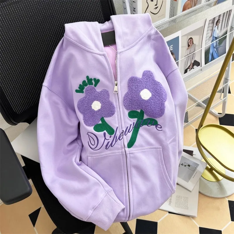 DAYIFUN-Flower Embroidery Hooded Jackets Couple Solid Hoodies Loose Coats American Style Zipper Cardigans Tops Autumn Fashion