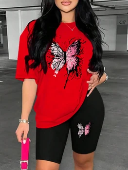 Beautiful Butterfly Pattern Print For Women Short Sleeved Shorts Set Soft Essential Two Piece Set Sports Comfortable Shorts Sets 1