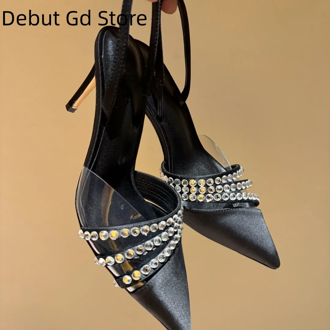 

Sandals with thin heels, transparent film, rhinestones, high heels, pointed toe, one line buckle, and foreskin style for women