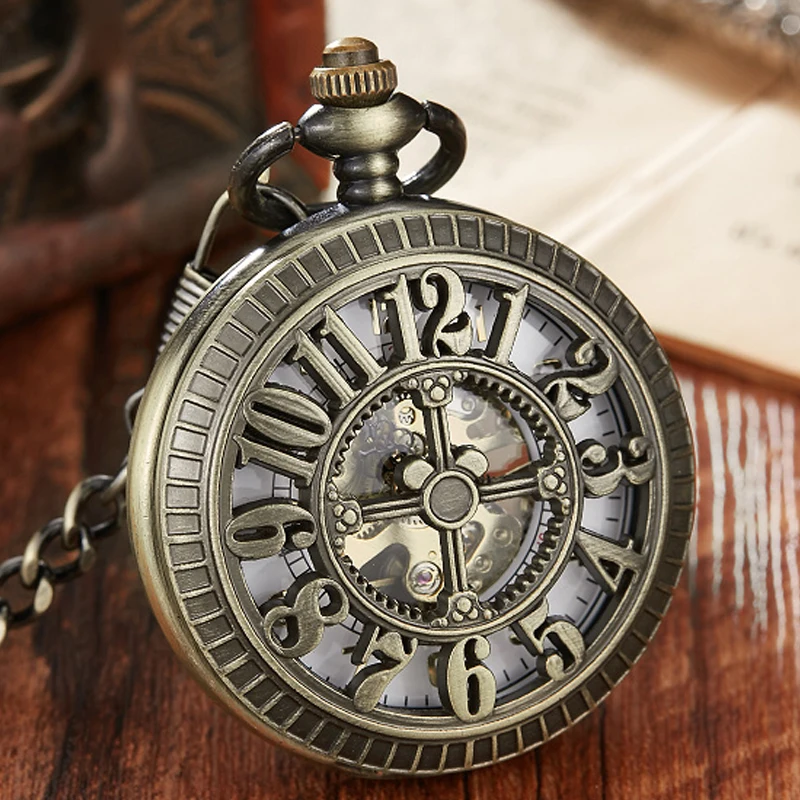 

Vintage Arabic Numerals Mechanical Skeleton Hollow Pendant Necklace Chain Hand Wind Pocket Watches Men Ladies Male Gifts