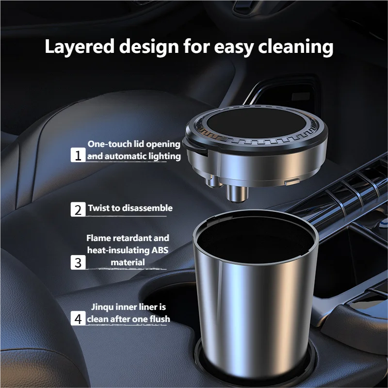 Portable Can LED Ashtray Smokeless Auto Cigarette Ash Holder Lid Detachable Metal Lining One-Click Push Open Splash-Proof