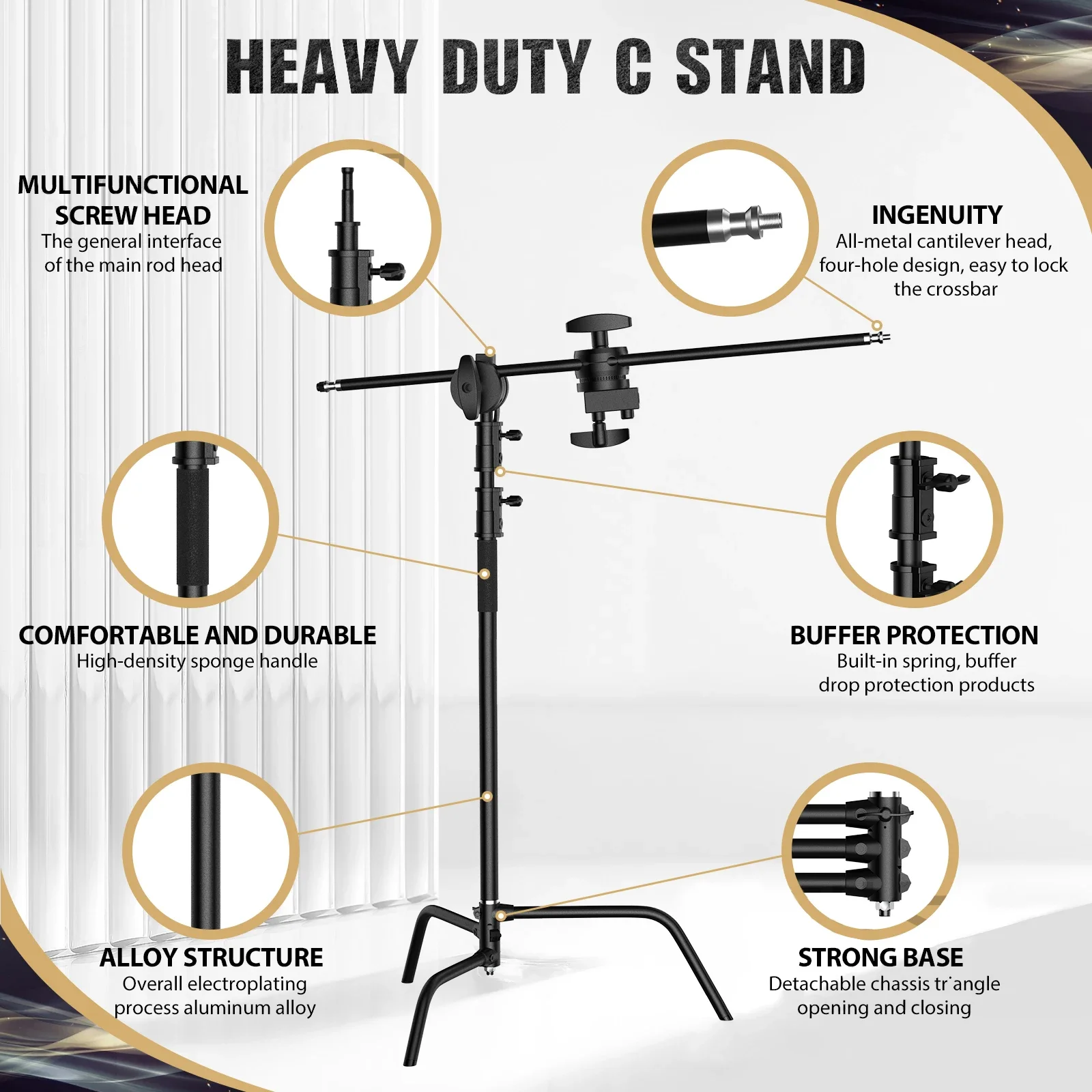 Foldable Light Stand Black C Stand Stainless Steel Tripod Magic Leg Photography C-Stand For Spot Light,Softbox SH 2.6M/3.3M