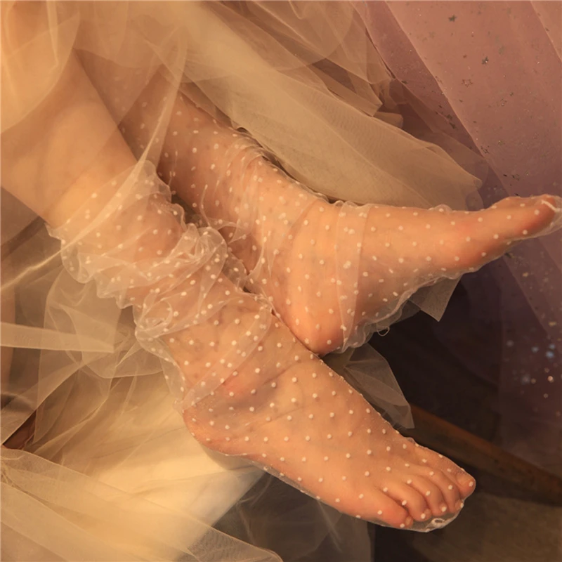 Womens Socks 1pair Sexy Dot Lace Socks Women Transparent Mesh Ankle Socks Ladies Ultra-Thin Princess Tulle