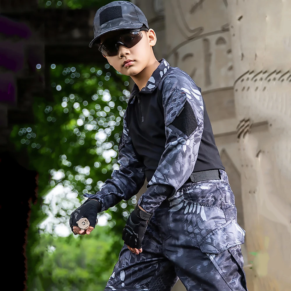 Tactical Suit Kids Outdoor Breathability Elastic Cotton Camouflage Uniform for Children Multi Pocket CS Clothing Training Hunt Special Costume