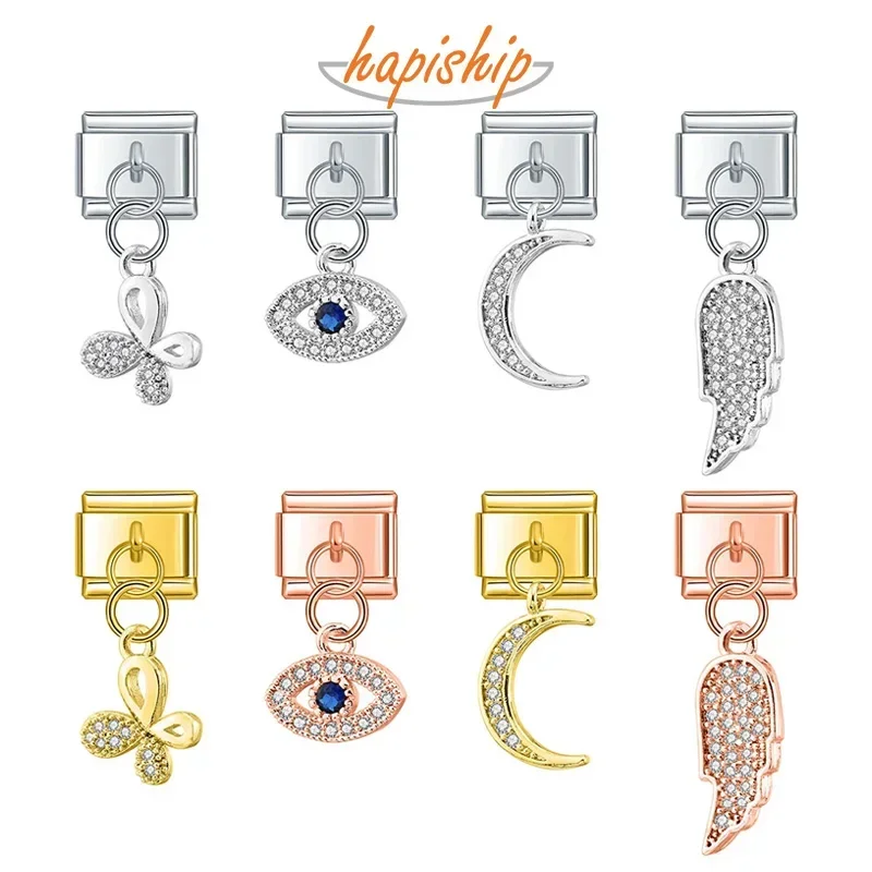 Hapiship moda Luna ojo mariposa ángulo ala brillante CZ encanto enlaces ajuste 9mm pulsera de acero inoxidable DIY hacer joyería DJ418