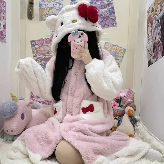 Sanrio Hello Kitty Hoodie Y2k Coat Women Japanese Cute Cat Jacket Sweet  Girl Plush Loose Thickened Cardigan Top Cusual Aesthetic