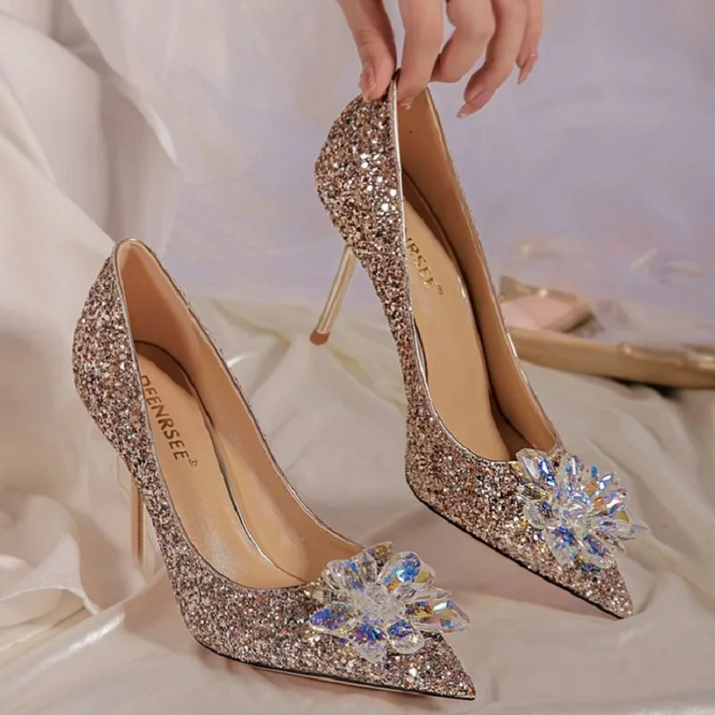 

Spring wedding bride bridesmaid crystal stiletto banquet dress all-match special wholesale sequin pointed toe women's shoes