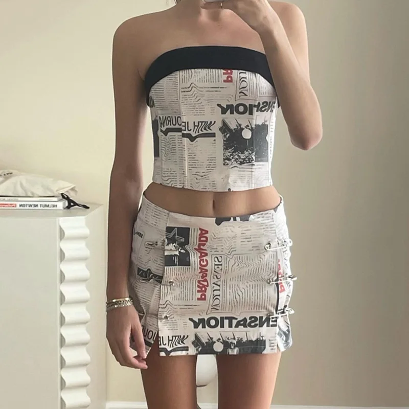 Woman 2pcs dress set The newspaper Printed Off Shoulder Mini Crop Vest+Pin Skirt S-L K22S12762 long dress