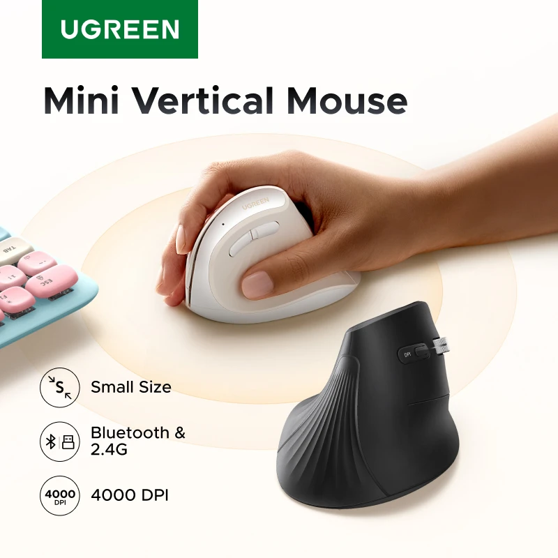UGREEN Vertical Mouse Wireless Bluetooth5.0 2.4G Ergonomic 4000DPI Small Hand Size Option for MacBook Tablet Laptops Computer