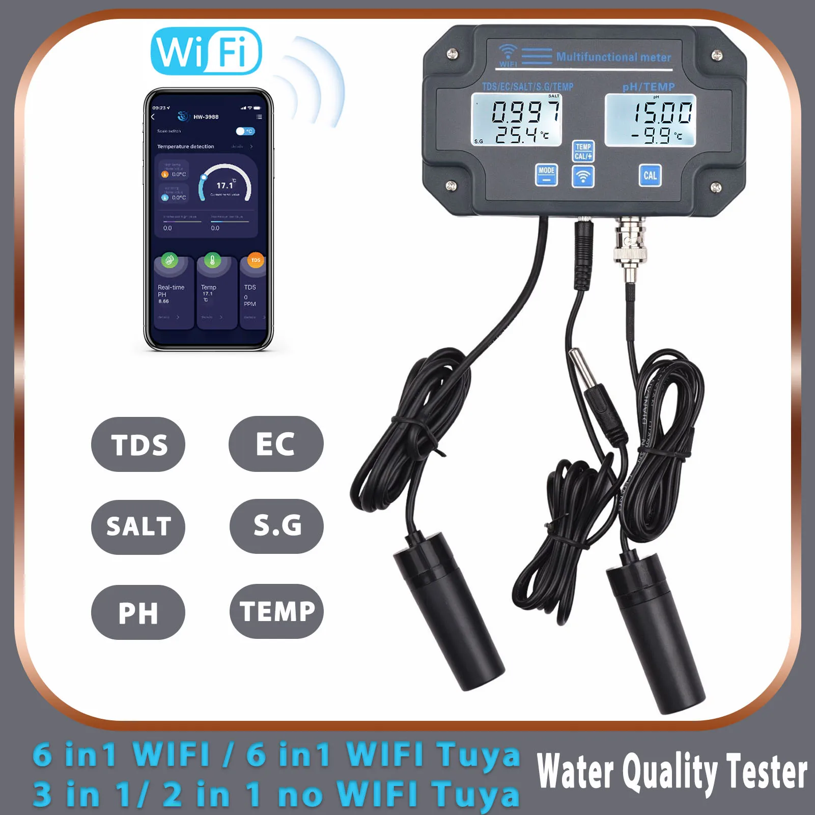 Wifi Water Quality Tester Wall Mounted 6in1 Analyzer PH/EC/TDS/SALT/G.S/Temperature APP Remote Monitoring Alarm Notice |