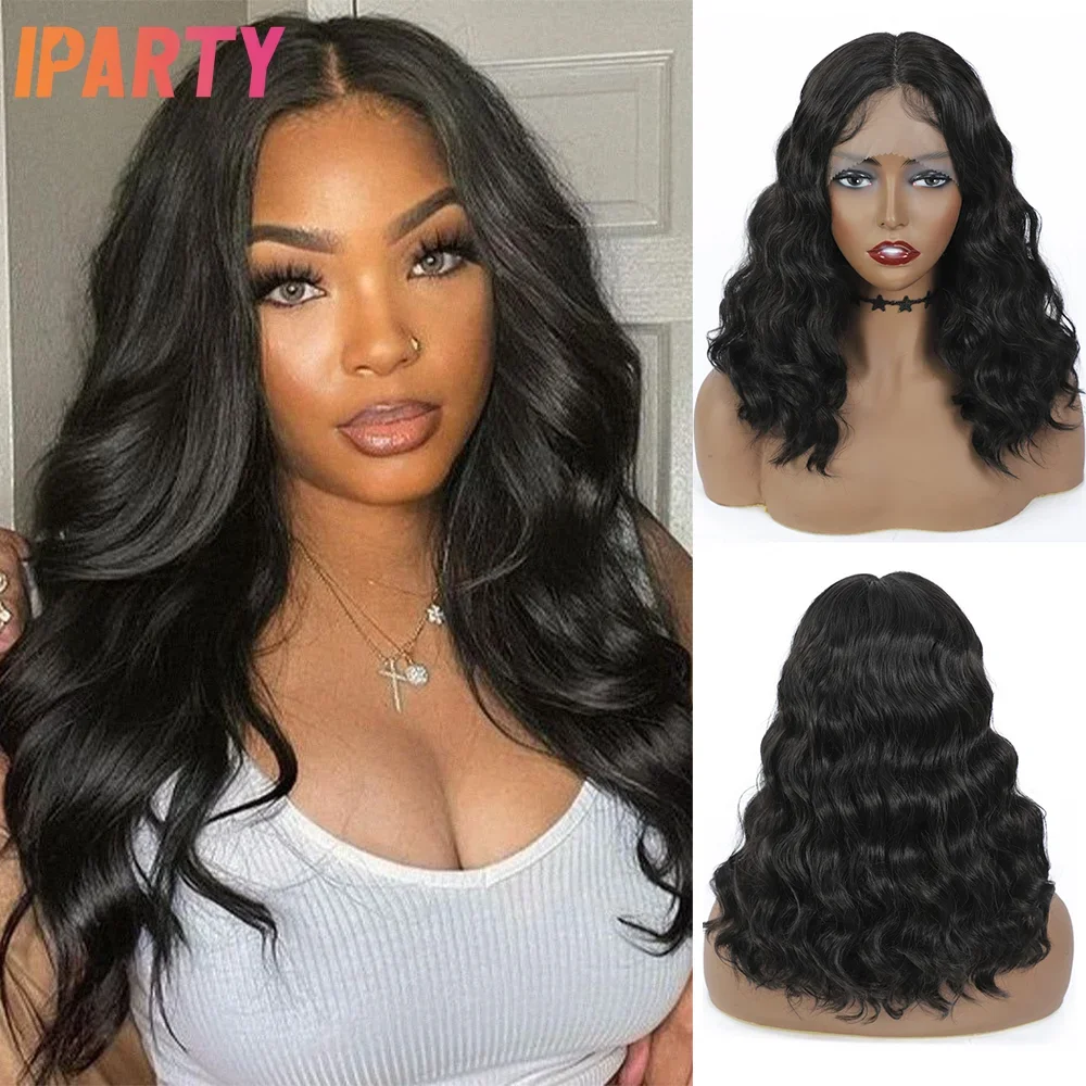 

Synthetic Lace Front Long Wavy Wig 16 Inches Middle Part Lace Black Color Wigs For Women Heat Resistant Fibers Daily Use