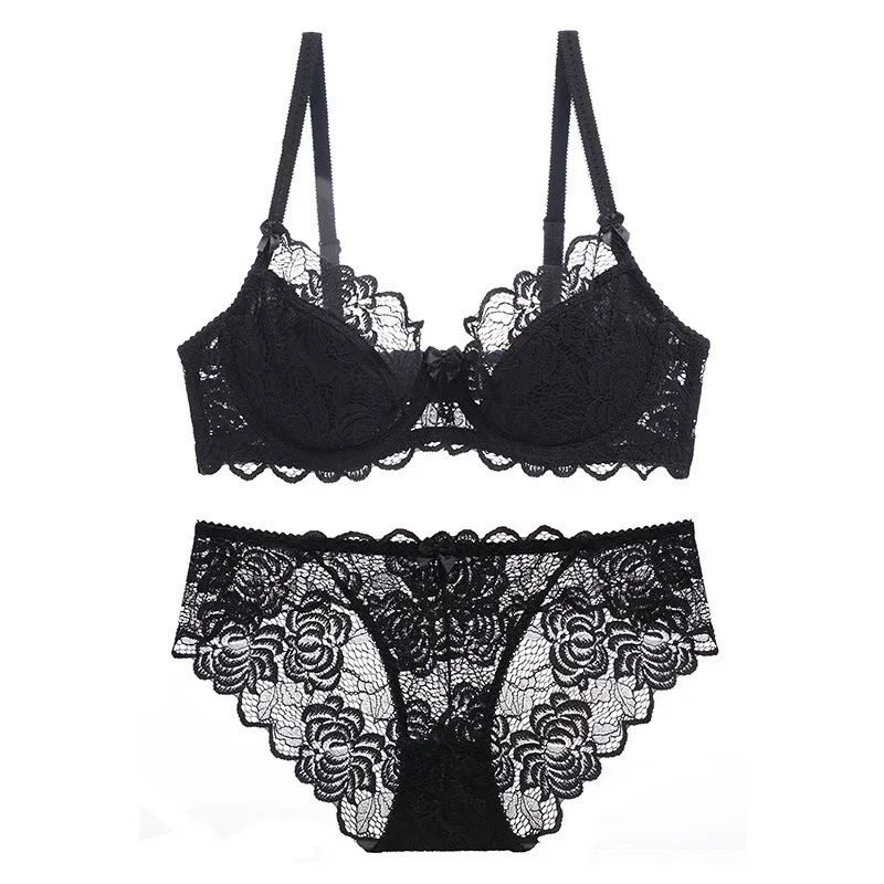 Sexy oversized lingerie for women, ultra-thin, transparent, breathable lace bra, large chest, small size, anti sagging bra set