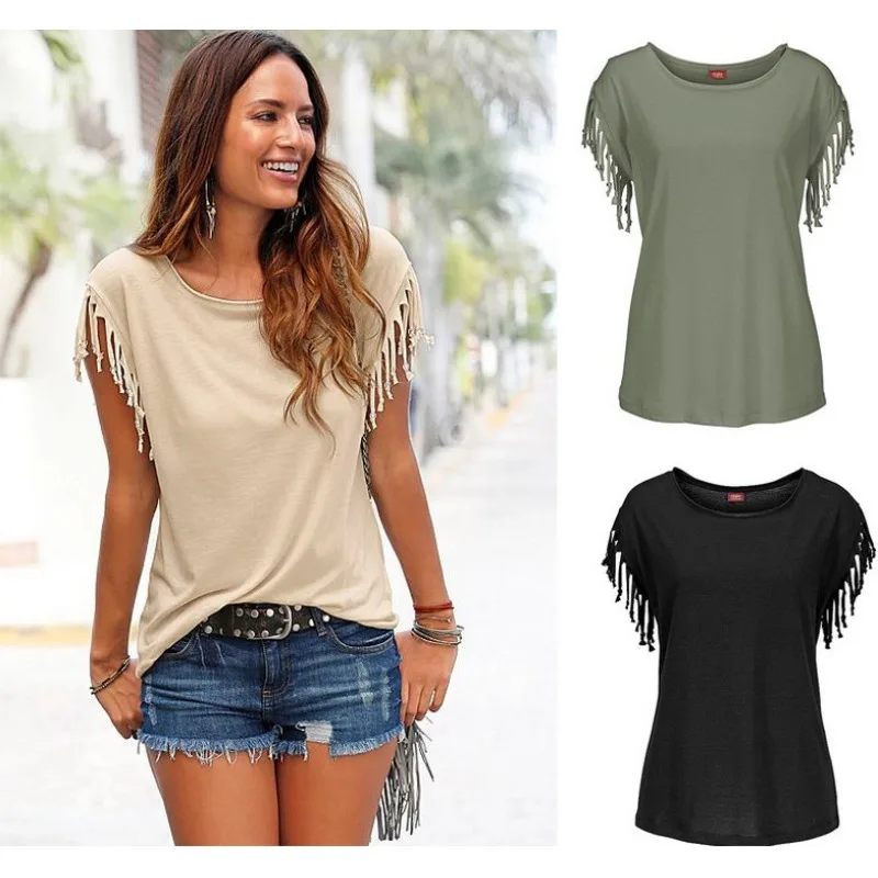 

Women's European and American plus size round neck short sleeve tassel knot T-shirt top