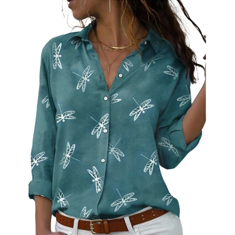 Large Size Dragonfly Print Single-breasted Cardigan Shirt Women's Comfortable Commuter Casual Tops Female Slim Fit Lapel Blouse