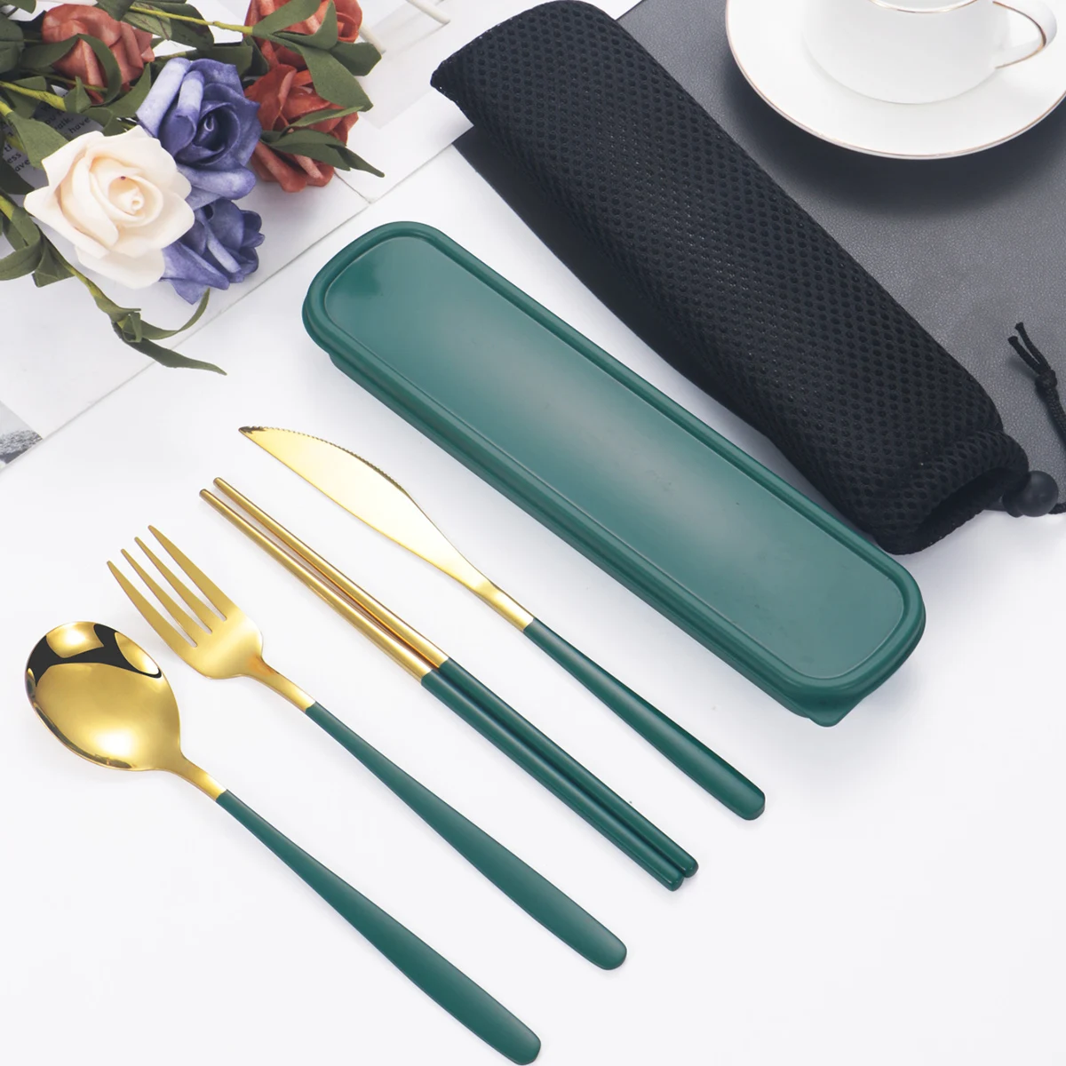 4pc Stainless steel tableware knife and fork spoon chopsticks tableware suit students go to school portable suit