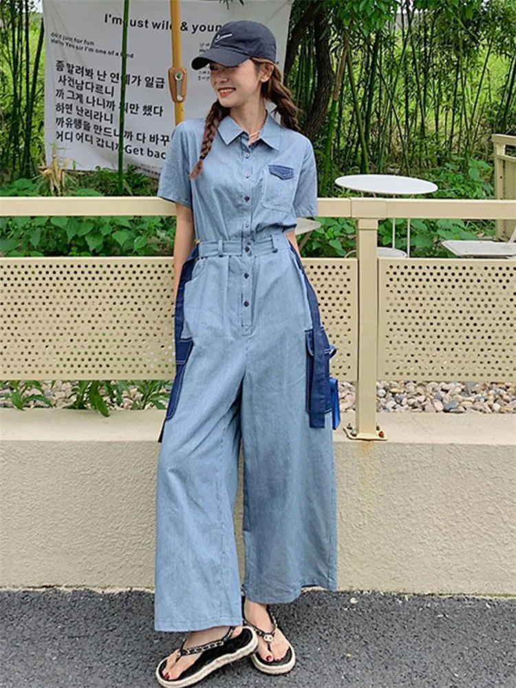 

Wide Leg Jumpsuit for Women 2022 Summer Streetwear Hip Hop Loose Short Sleeve Shirt One Piece Pants Set Overalls Rompers 8056